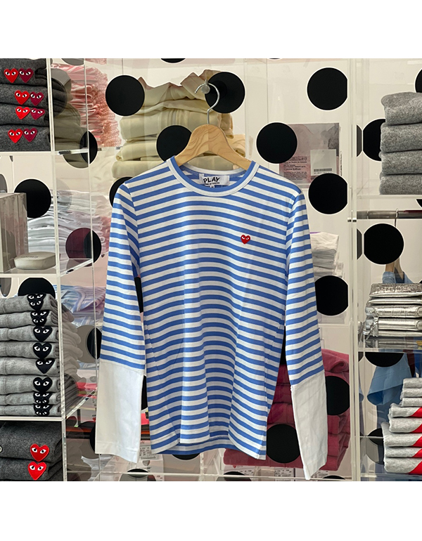 COMME DES GARCONS PLAY RED MINI HEART STRIPED L/S T-Shirt (BLUE X WHITE)