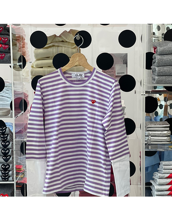 COMME DES GARCONS PLAY RED MINI HEART STRIPED L/S T-Shirt (PURPLE X WHITE)